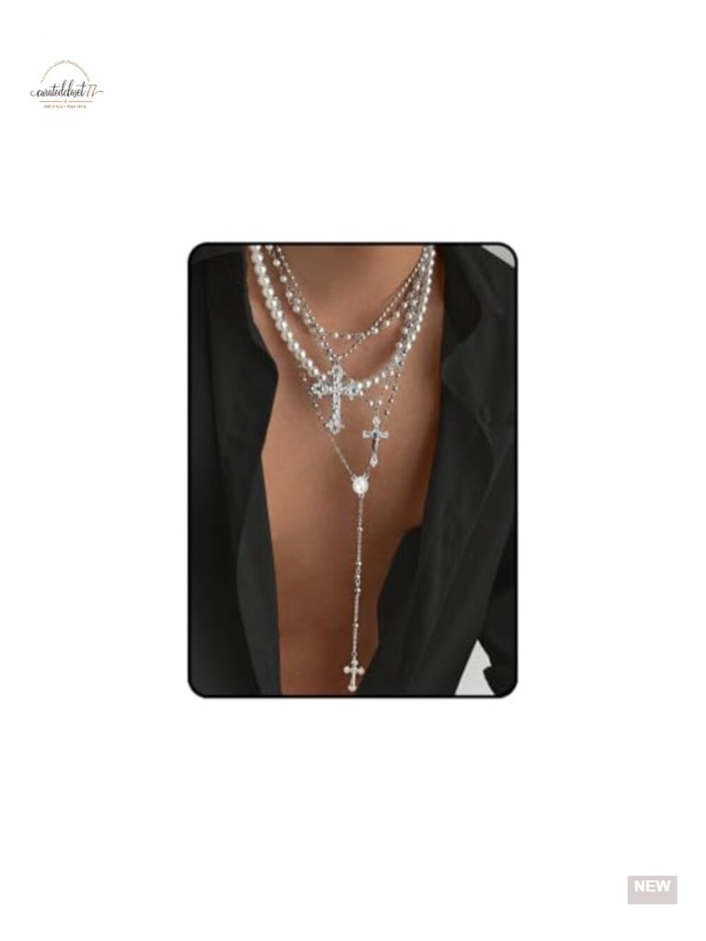 Silver Layered Cross Necklace Set 4Pc Pearl Rosary Choker Adjustable